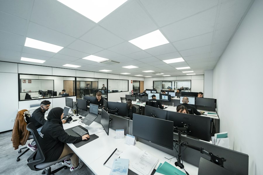 Kontor med bildskärmsarbetsplatser under LED-paneler